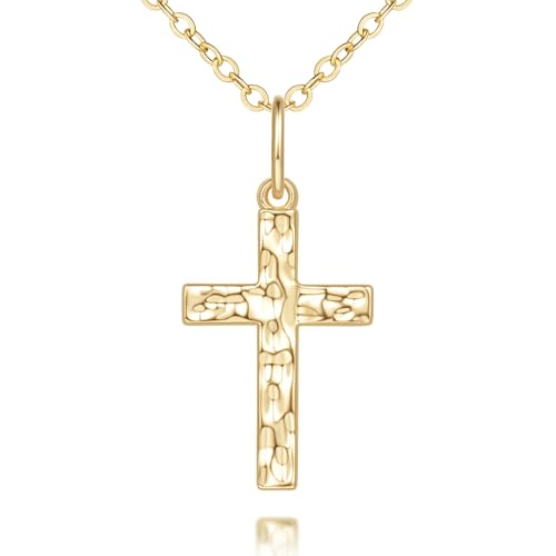 Cross Necklace for Women 14K Gold Cross Necklaces for Women Gold Crosses Chain Necklaces for Womens Retro Look with Wave Point Engraving Womens Crosses Pendant Necklace for Womens 22mm