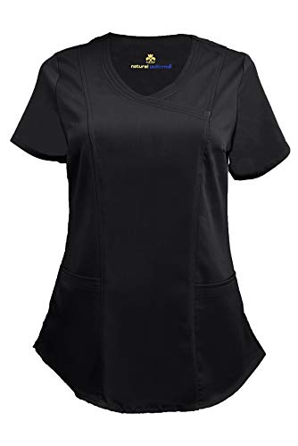 Natural Uniforms Women's Soft Modern Fit Mock Wrap Scrub Top (Black, Medium)