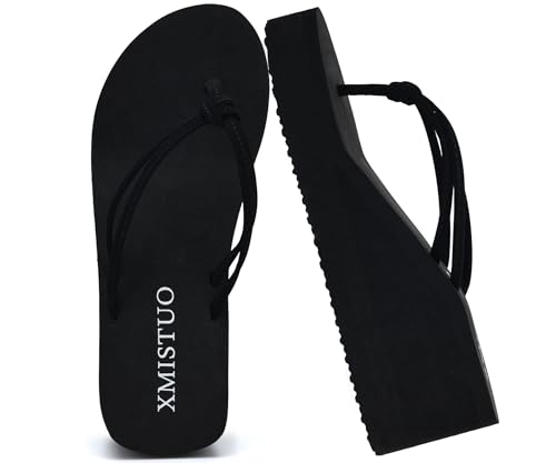 Thick soled slope heel double strap high-heeled flip flops for women's outdoor wear, clip on slippers, beach slippers, sponge cake, anti slip sandal (Black, Adult, Women's, 10, Digital, US Shoe System, M (Medium))