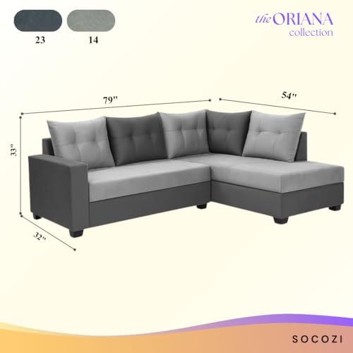 Image of SOCOZI Oriana 4 Seater RHS L Shape Sofa Set | Soft Velvet Suede Fabric | Modern Design | Plush Comfort Cushions for Living Room (Light Grey-Dark Grey)