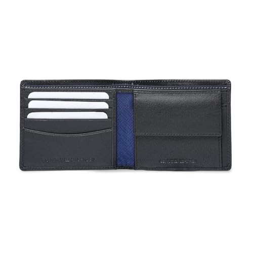 Image of Tommy Hilfiger Men's Leather Wallet Pocos | Solid Black Bi-Fold with Global Coin Pocket, 4 Card Slots | Stylish Purse for Gents