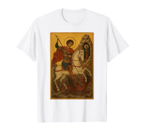 Orthodox Icon of Saint George Slaying the Beast T-Shirt, Men, White, 3X-Large