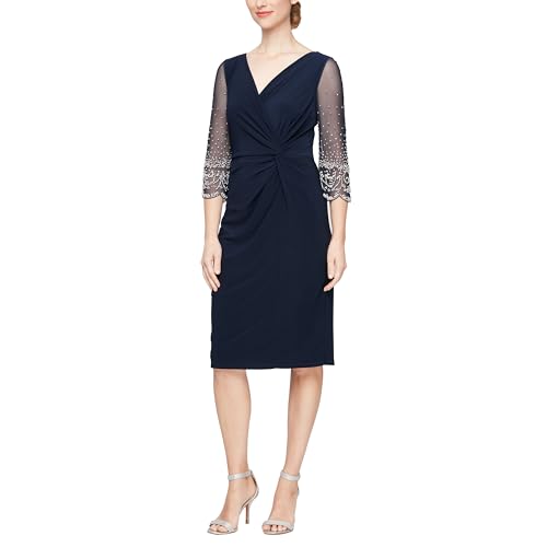 Alex Evenings Women's Short Shift Cocktail Dress with Embellished Illusion Detail, Wedding Guest (Petite and Regular Sizes), Navy Beaded Sleeve, 4