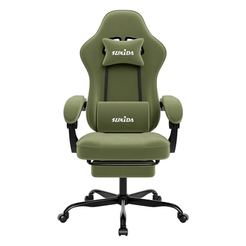 SUKIDA Gaming Stuhl, Ergonomischer Gaming Chair mit Fußstütze, Verstellbarer Racing Computerstuhl mit Lordosenstütze