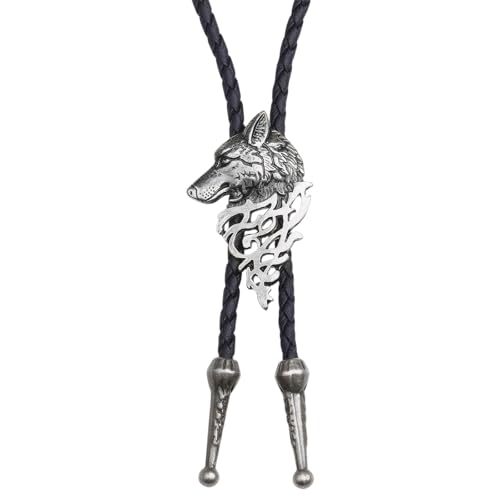 DecorDwell Cravate Bolo en Cuir,Bolo Tie Cowboy Western, Cuir Pour, Fait Main Cowboy，Cravate Tête de Loup Leder, für Damen, Herren,Hemd Hochzeit(Argent)