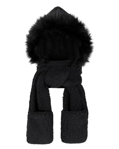 Winter Faux Fur Fuzzy Trim Sherpa Hooded Scarf Cute 3-in-1 Scarf Hat Gloves Set for Women4