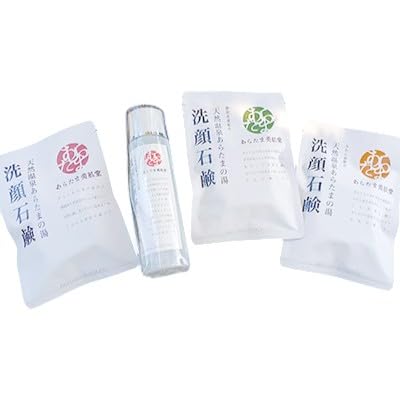 あらたまの雫 化粧水1本(128ml)+洗顔石鹸 3種類(温泉水・お茶・三ヶ日みかん油 各40g)セット