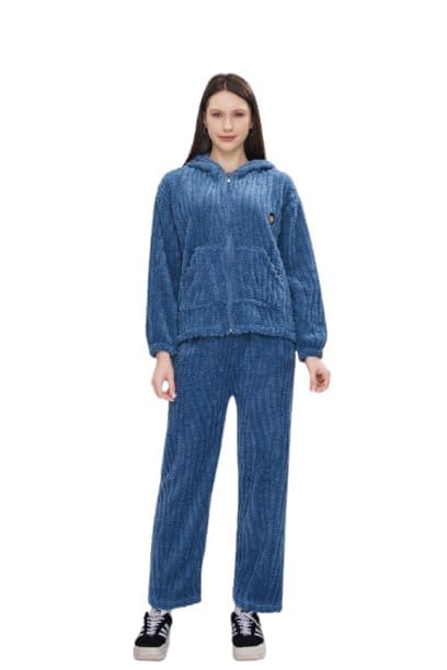 disolve Winter Sleepwear for Women Hooded Pajama Full Zip Fleece(Blue)-picture-14
