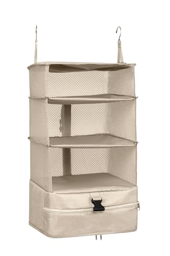 ELEZAY Hanging Packing Cubes Portable Closet Shelves Travel Collapsible Compression Garment Organisers for Carry-on Luggage Suitcase with Breathable Perforated Material Large, Beige