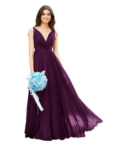 Image of HSFIYAKJ Bridesmaid Dresses Long Chiffon Formal Dress Open Back V Neck Evening Prom Gown for Women with Pockets