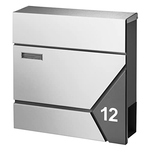 AMARE Design Briefkasten Postbox mit Zeitungsfach und Hausnummer 37 x 37 x...