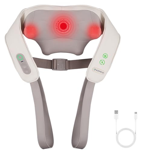 Aspria Appareil de Massage Cervicales et Dos 5D Shiatsu Sans Fil, Masseur Cou et Épaules avec Chaleur, 3 Modes, Mains Libres, Cuir PU, Recharge Type-C, Cadeau...