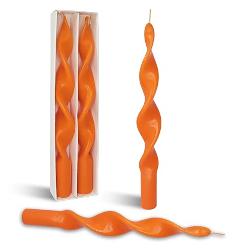 Image of Smokeless Orange Spiral Taper Candle Unscented Taper Candlesticks Handmade 10 Inch Long Twisted Candles for Wedding Home Decor Women Gift