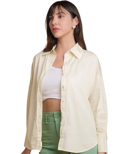 Image of Freehand Women Oversized Solid Oversized Shirt (Cream S)