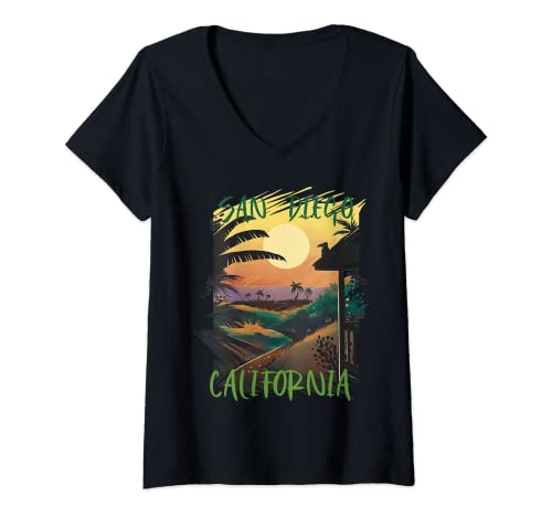 Womens San Diego California Palm trees Beach Ocean Surfing V-Neck T-Shirt