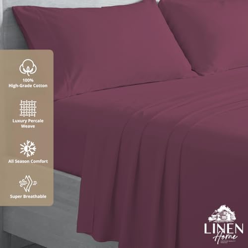 Image of Linen Home 100% Cotton Percale Sheets Full Size, Damson Berry, Deep Pocket, 4 Pieces Set - 1 Flat, 1 Deep Pocket Fitted Sheet and 2 Pillowcases, Crisp Cool and Strong Bed Linen