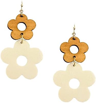 Bello Bee Double flower Fashion Wood Leather Daisy Dangle Earrings 2’’. (White)
