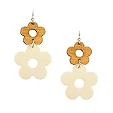 Bello Bee Double flower Fashion Wood Leather Daisy Dangle Earrings 2’’. (White)