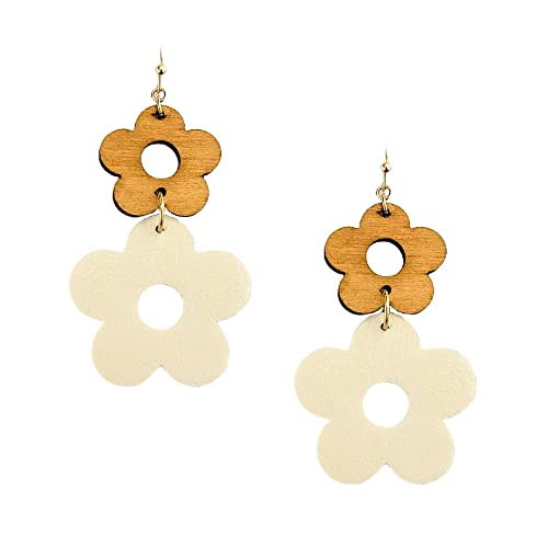 Bello Bee Double Flower Fashion Wood Leather Daisy Dangle Earrings 2’’. (White) #TOP2