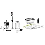 Bosch Stabmixer ErgoMixx Style MS6CM6166, Edelstahl-Mixfuß & Vakuum-Frischhalteset MSZV6FSG1, Vakuumpumpe, 1,2l Vakuum-Glasbehälter