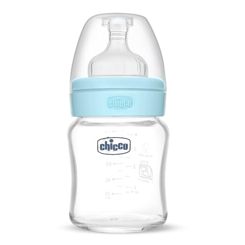 Image of Chicco Wellbeing Glass Feeding Bottles 120ml (Blue) I Premium Borosilicate I Proven Anti-Colic System I 100% Silicone I Food Grade I BPA Free I New Born I Slow Flow | 0+ Months