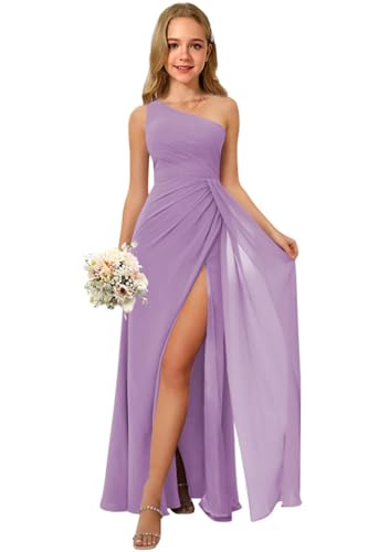 Girls' One Shoulder Chiffon Bridesmaid Dress for Junior A-Line with Ruffle Flower Girl Dresses for Weddings