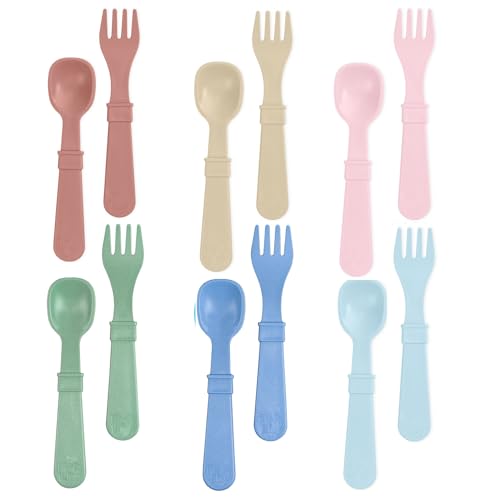 Re-Play Toddler Forks and Spoons Set - 6x6 Utensils Set for Kids - Dishwasher and Microwave Safe - Made in USA - Set of 12-5.8' x 1.2' x 0.2' - Meadow