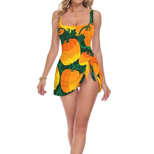 Maillot de bain amincissant orange avec col carré élégant et motif citrouille