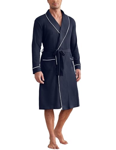 Image of Ekouaer Mens Robes Lightweight Waffle Knit Kimono Bathrobe Long Sleeve Sleepwear Soft Knee Length Robe with Pockets S-3XL