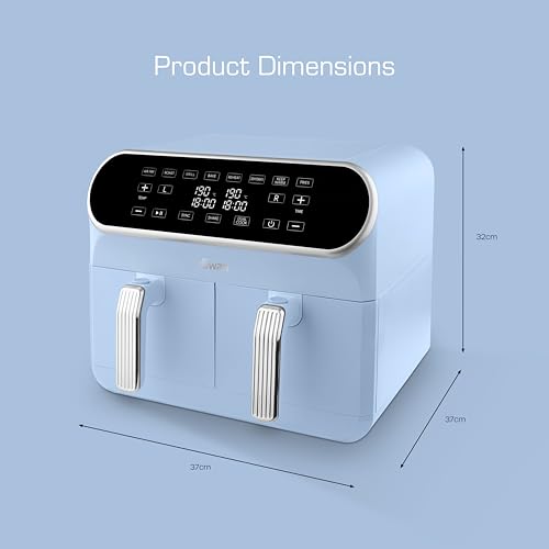 Swan SD10519BLU Retro Dual Basket Air Fryer with Swan Cyclone Technology, LED Display, 8 Pre-Set Cooking Options, Adjustable Temperature, 8L, 1700W, Blue
