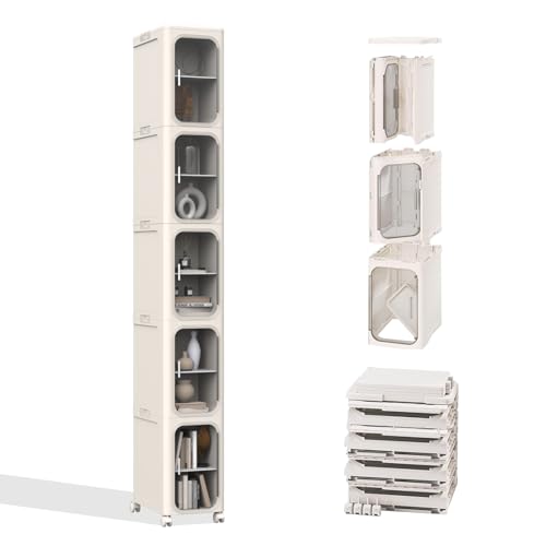 Image of 5-Tier Slim Tall Bathroom Cabinet, Plastic Narrow Cabinet with Doors and Shelves, Floorstanding Skinny Organizer with Wheels
