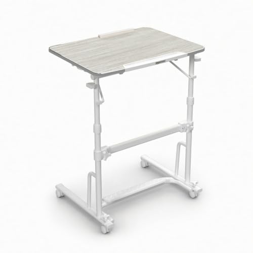 Image of amazon basics - Hi-Rider | Height Adjustable (70-108 cm) Sit & Stand Folding Desk with Cup & iPad Holder | Portable Workstation Lapdesk Table with Wheels & Footrest (Dove White)
