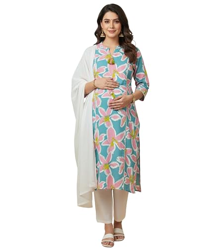 Image of DUMMY SHAPE Maternity Dresses for Women Cotton | Floral Kurta Pant Dupatta Set with Nursing Zippers, Side Pocket | Pre & Post Pregnancy | Feeding Kurti Suit | Baby Shower | Gifts for Pregnant Woman