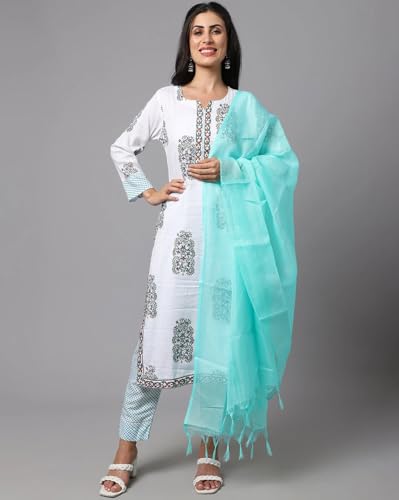 Image of Tee Projekt Women's Cotton Blend Sweetheart Neck Straight Kurta Pant with Dupatta Set