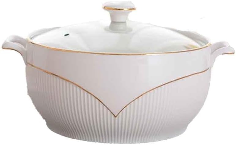 Ceramic Soup Tureen with Glass Lid，White Soup Tureen with Gold Design,Double Handle Soup Serving Bowl with Lid and Ladle