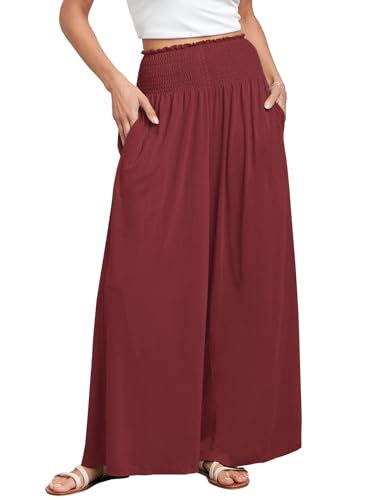 ANRABESS Women Palazzo Pants Summer Boho Bagyy Wide Leg High Smocked Waist Casual Loose Lounge Pant with Pocket