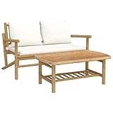 kithwjll 2-Piece Garden Lounge Set, Natural Bamboo, Cream White Cushion, Outdoor Sofa with Coffee Table, Garden Furniture for Balcony, Weatherproof Sofa Set, Garden Furniture - Image 3