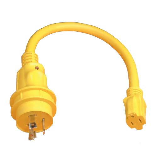 Marinco 105SPP Marine Electrical Shore Power Pigtail Adapter with LED Power Indicator Light, 30 Amp 125 Volt Locking Male to 15 Amp 125 Volt Straight Blade Female, Yellow