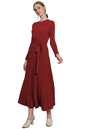Image of Women's Long Knit Crewneck Sweater Dress Tie Waist A-Line Swing Pleated Bodycon