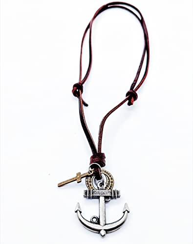 Vintage Cross Nautical Marine Anchor Pendant Necklace, Adjustable Brown Leather, Men Women, Ethnic2