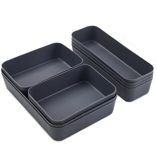 Bugucat Organizador Cajones 10 Piezas, Separadores Cajones Práctico Organizador de Maquillaje Cajones en 3 Tamaños, Organizador Baño Organizador Cajones Cocina para Maquillaje Baño Cocina Oficina,Gris