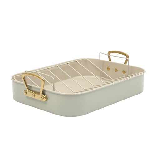 Gibson Home Broxton 2-Piece Nonstick Roaster Pan with Rack 16 x 12 Inch Mint Green Turkey Roasting Pan with Cast Aluminum Gold Handles Oven-Safe Easy-Clean Holiday Cookware