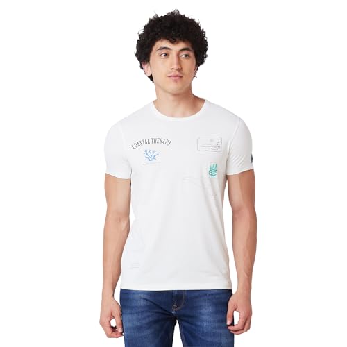 Image of Spykar Round Neck Half Sleeves White T-Shirt for Men (Size: 3XL)-MKTFT1BD098 Off White