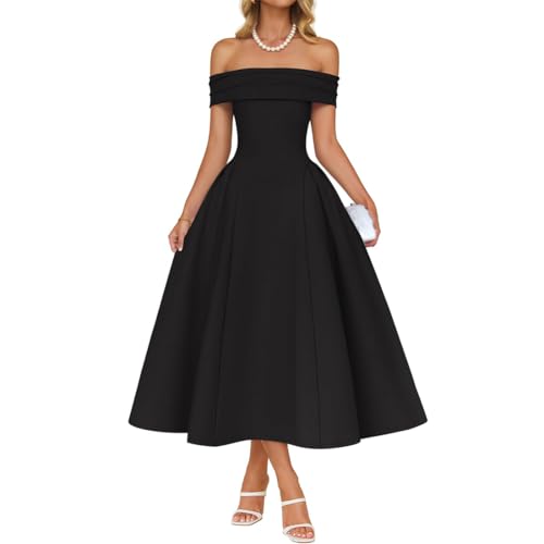 AOWVUTS Cocktailkleid Damen Sexy Schulterfrei Maxikleid Elegant Swing Rockabilly Hochzeit Abendkleid Vintage Festlich A-Linie Lang Ballkleid...