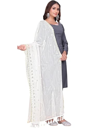 Image of KEMZA Organza Embroidered Dupatta with Mirror & Sequence Work, Tassel Lace Border, Floral Butti Design