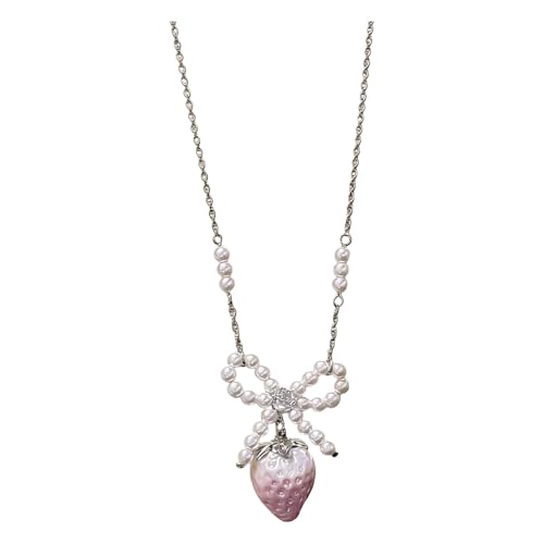 Collar de perlas con dije de lazo y colgante de fresa para mujer 1