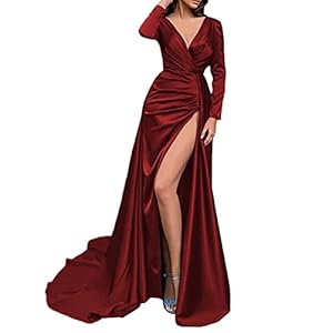 NaTengs Dames zijsplit, lange mouwen, formele avondjurk, V-hals, lange baljurk, Bourgondy, 42 NL