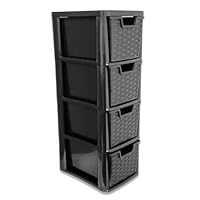 PD - 4 Tier Medium Rattan Drawers - Plastic Storage Drawer Unit - Storage Cabinet Chest Tower - Modular Drawer For Home, Kitchen, Office, School - 62cm (H) x 19cm (W) x 25cm (D) (Black, 4 Tier)