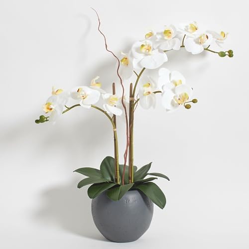 An elegant 25-inch tall CG Hunter faux white orchid plant in a grey pot.