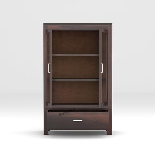 Image of SUNCOM Solid Sheesham Wood Sideboard Cabinet for Livingroom & Home Furniture - Wooden Cabinet with 2 Glass Doors & 1 Big Drawers for Storage - Designed to Display. Built to Store (Walnut Finish)